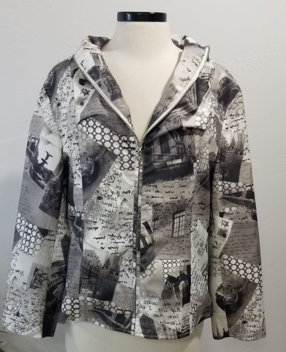 Samuel Dong Jacket Womens XL Gray Black Photo Print Zip Art to Wear Satin